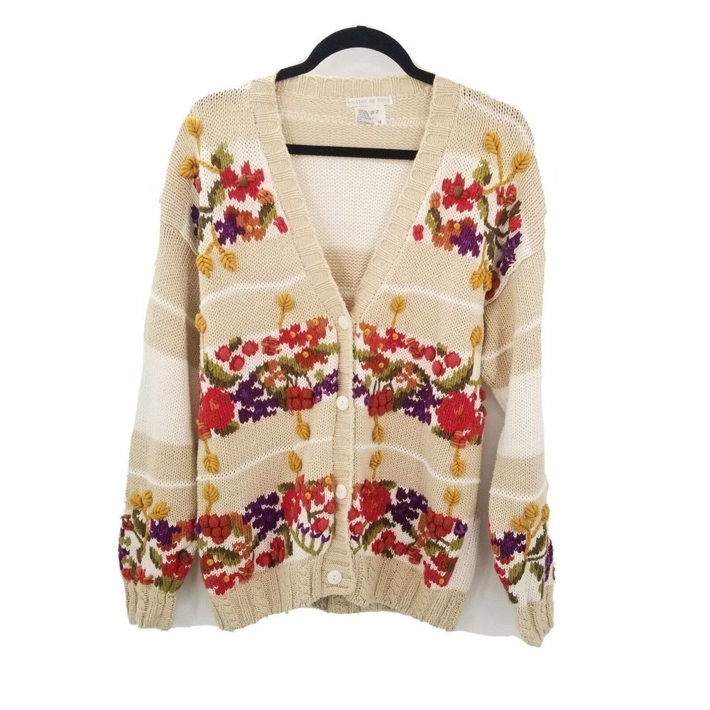 Boaz hand knitted sweater cardigan womens medium floral cottage core granny